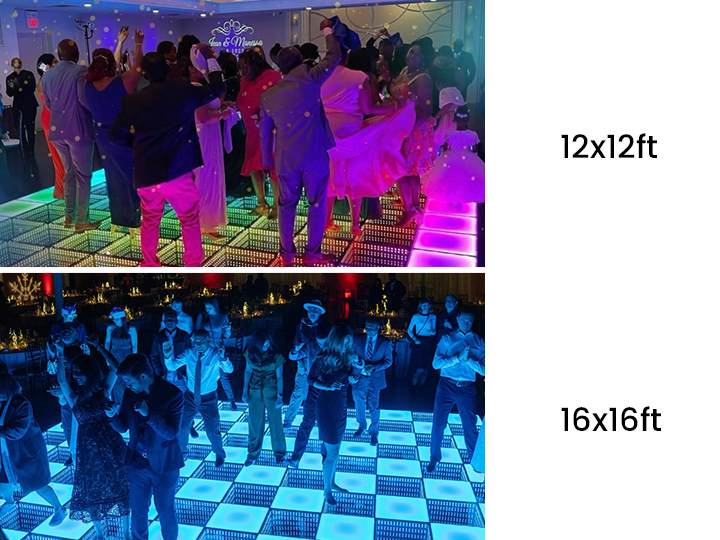 Popular dance floor capacities comparing 12x12 and 16x16 dimensions
