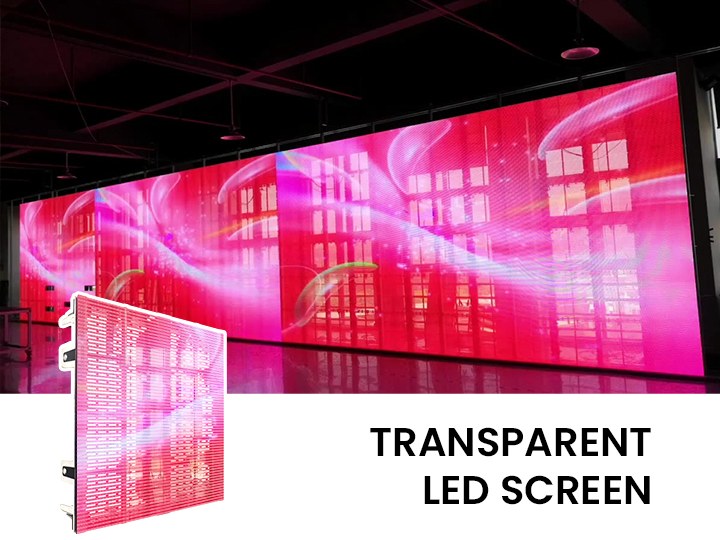 Transparent LED Screen displaying digital content while allowing visibility through the screen, ideal for stage backdrops.