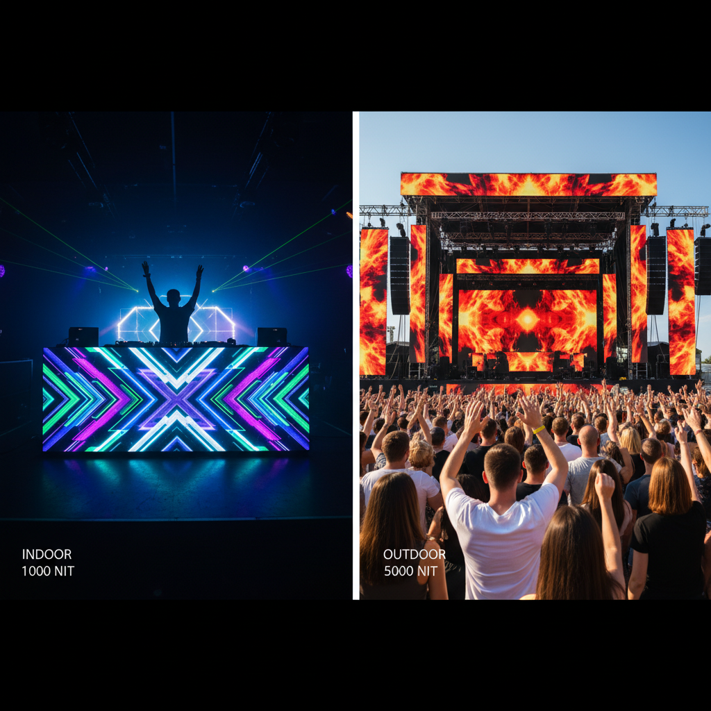 Indoor 1000nit vs outdoor 5000nit DJ LED screen brightness